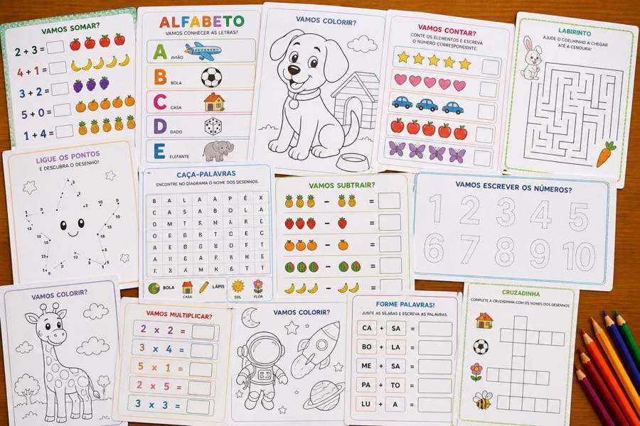 Visão geral do kit com várias páginas de atividades